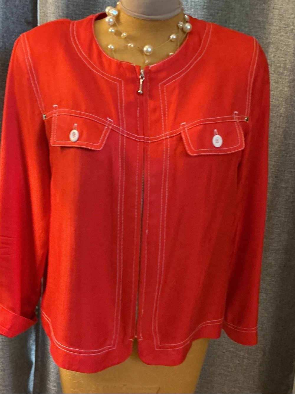 Diane Gilman Red Zip-Front Jacket with White Topstitch 100%Silk